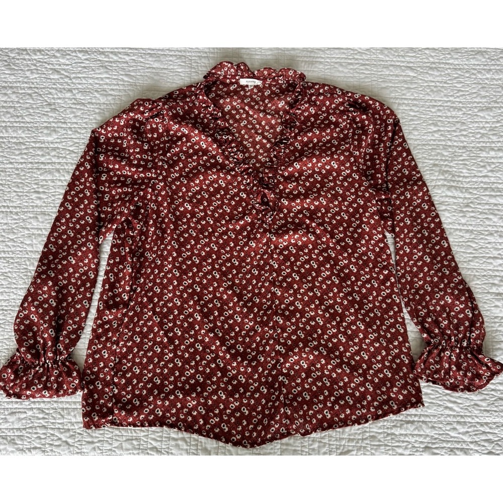 Pleione  Ruffle V-Neck Floral Blouse Burnt‎ Orange Rust Long Sleeve Top Large